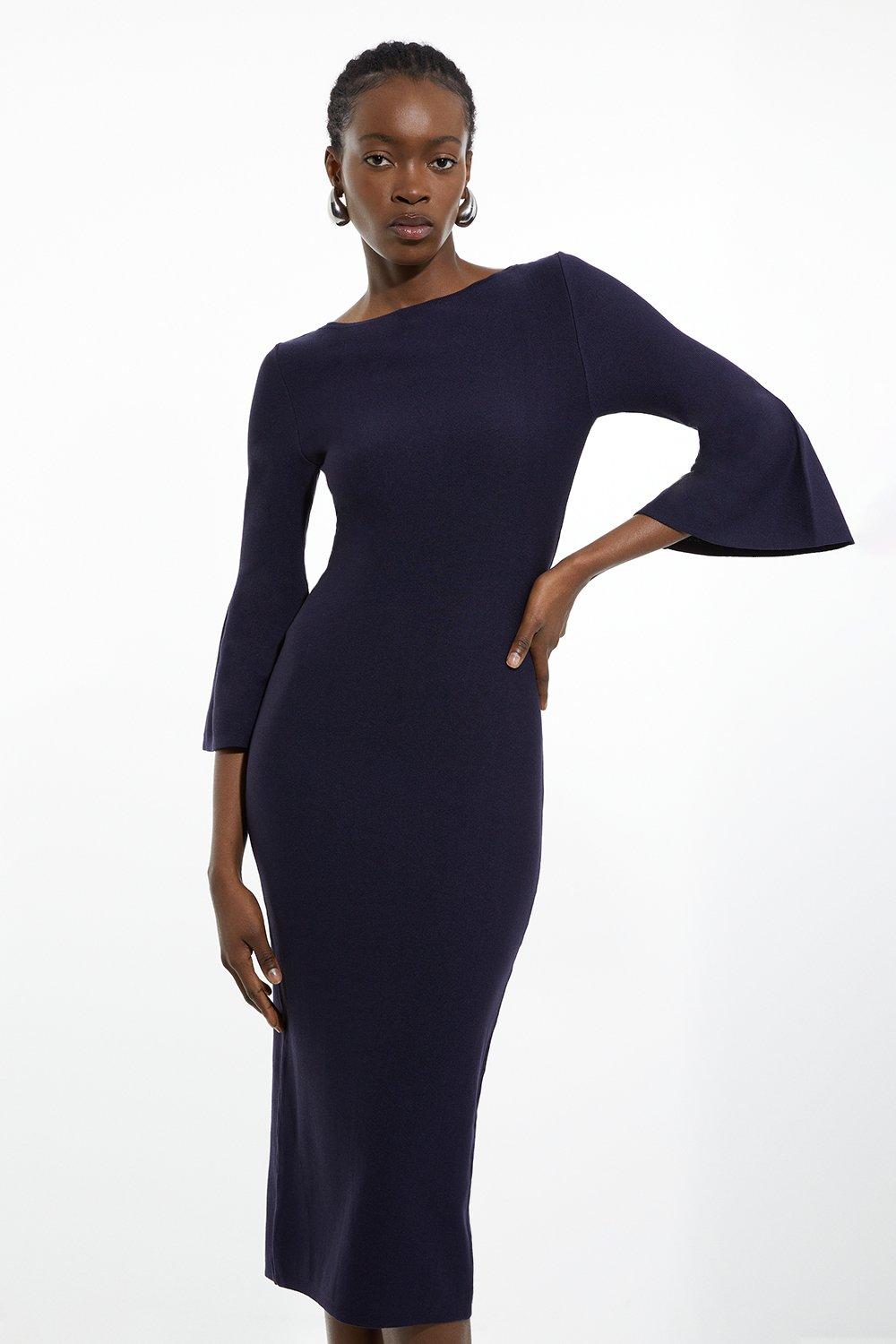 Viscose Blend Look Knit Midi Dress With Fluted Sleeve - Navy