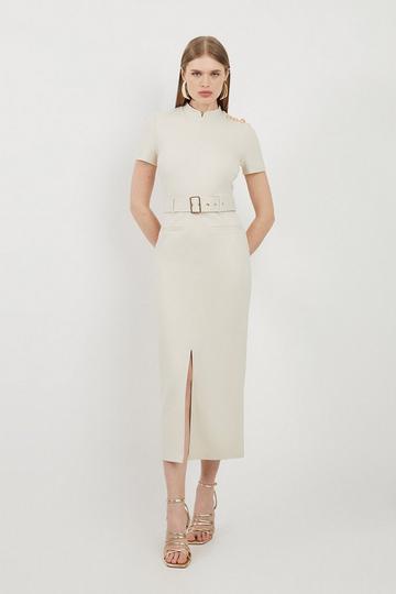 Belted Detail Ponte Jersey Short Sleeve Midi Dress cream