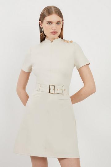 Belted Detail Ponte Jersey Mini Dress cream