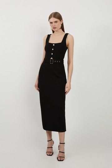 Black Belted Detail Ponte Jersey Strappy Midi Dress