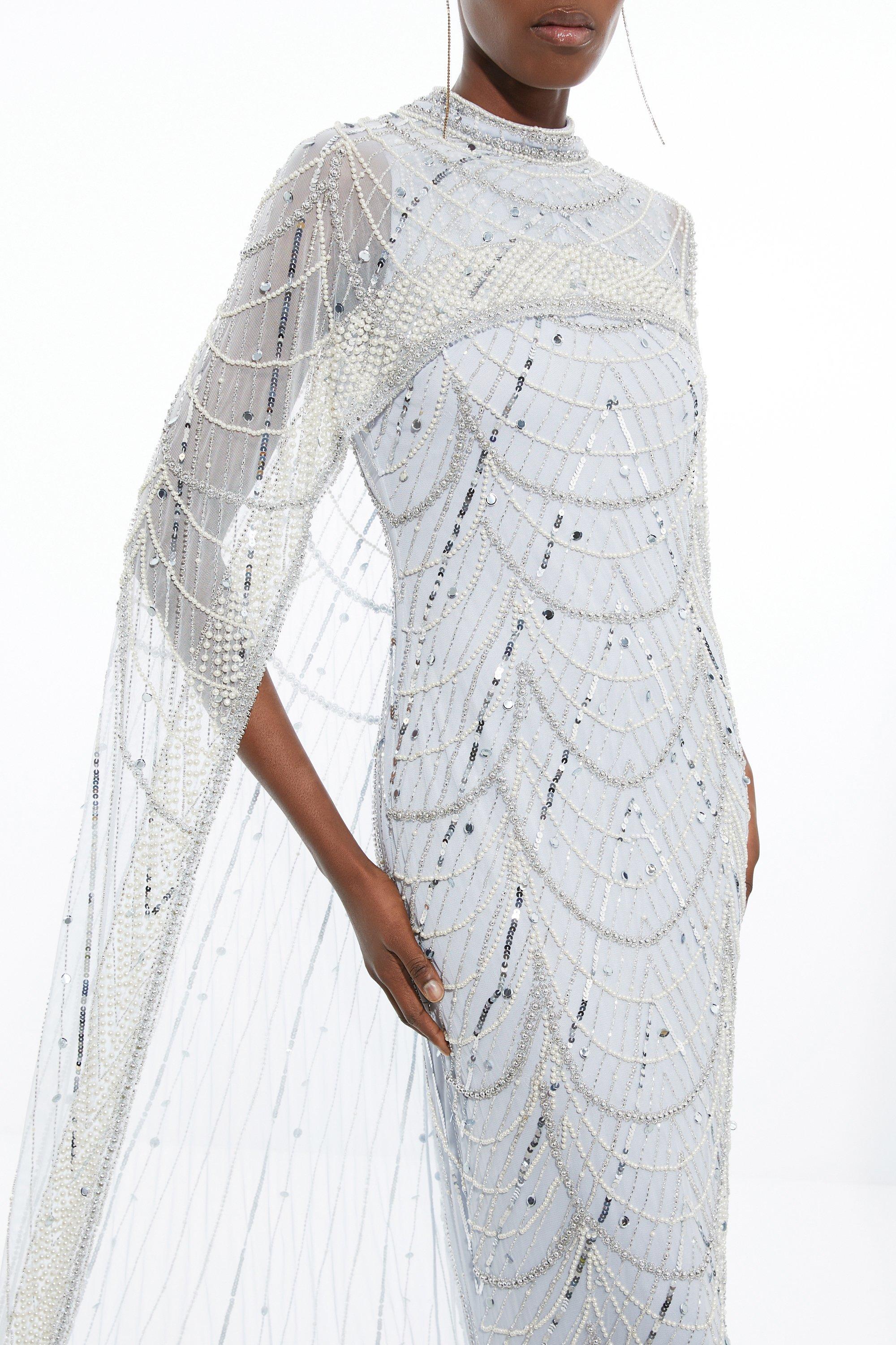 Petite Crystal Embellished Cape Detail Maxi Dress - Silver