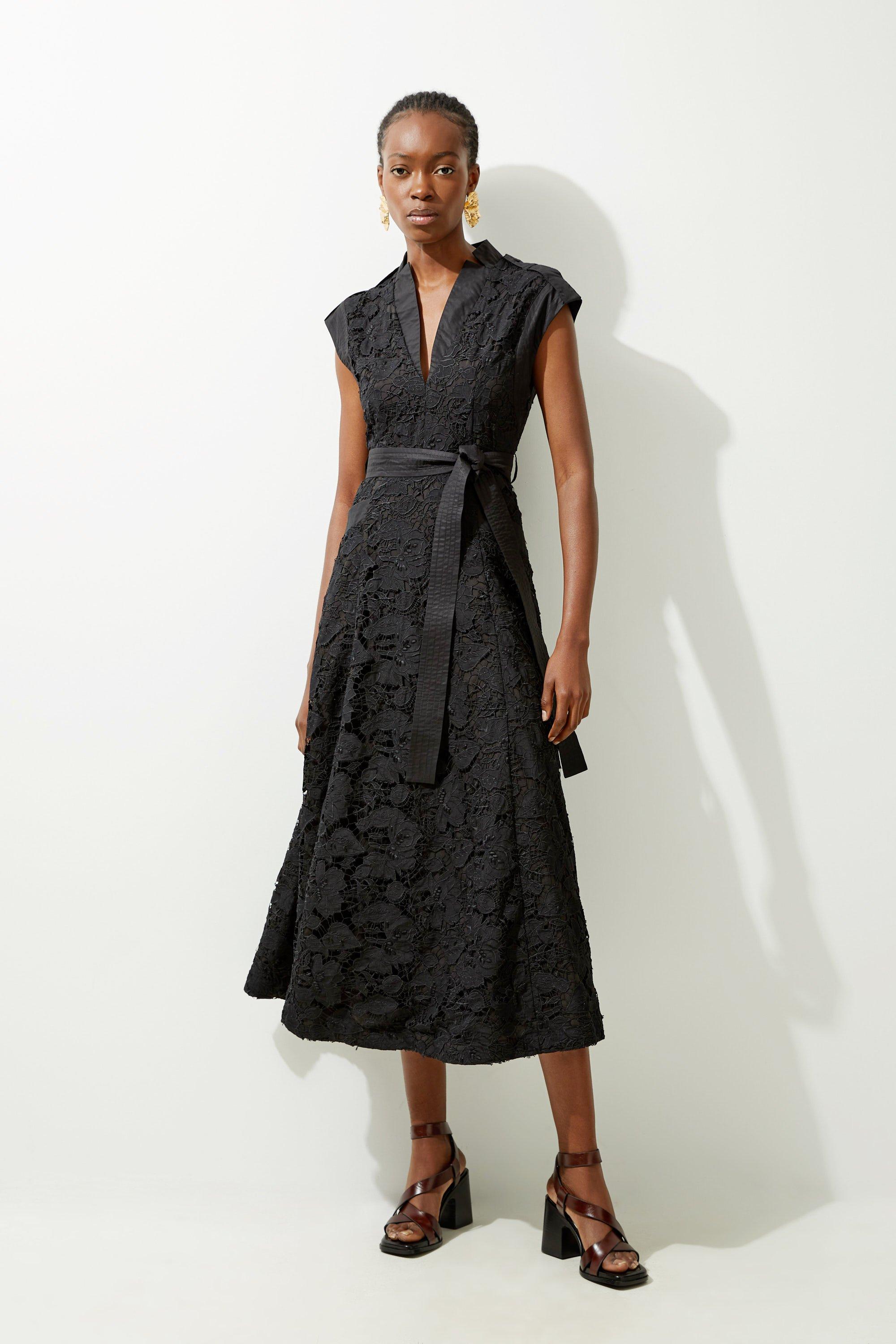 Lace And Cotton Mix Woven Midi Dress - Black