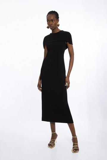 Black Compact Stretch Viscose Back Drape Tailored Midi Dress