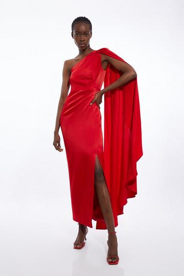 Satin Back Crepe One Shoulder Drape Sleeve Maxi Dress red