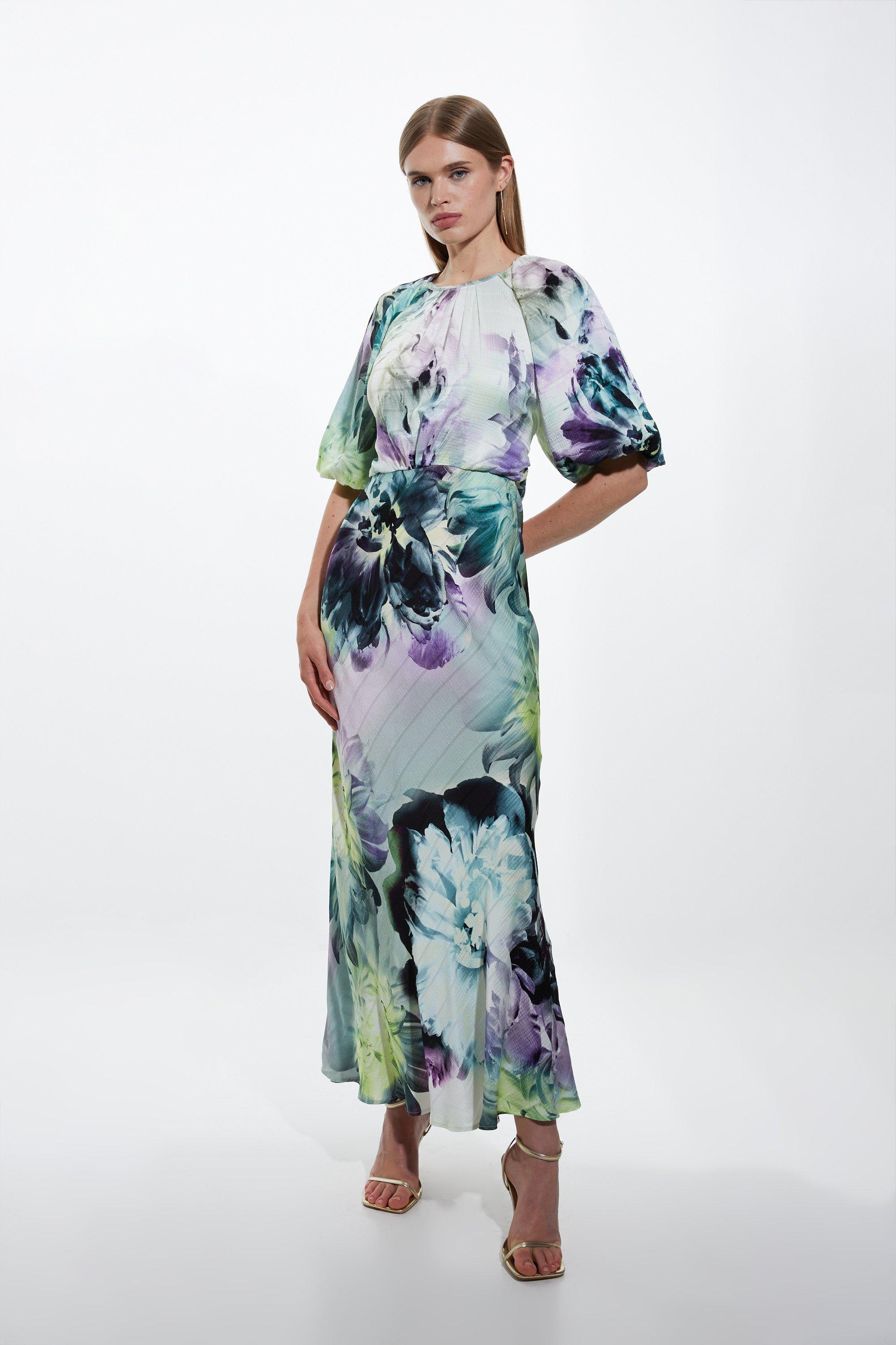 Tall Spring Floral Printed Hammered Satin Woven Midi Dress - Blue