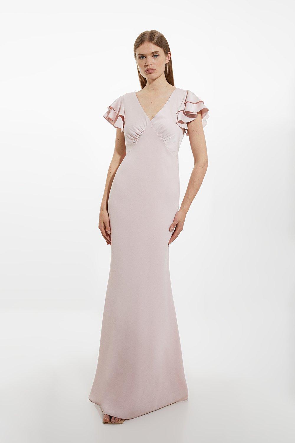 Satin Ruffle Sleeve Maxi Dress - Pink