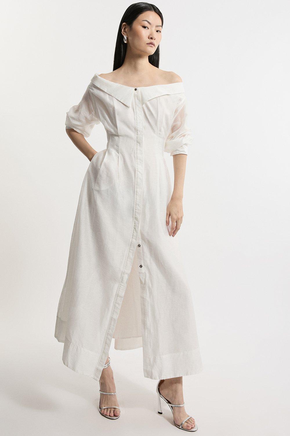 Petite Poplin Dropped Shoulder Woven Shirt Dress - White