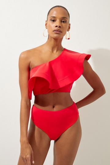 Red Drama Ruffle One Shoulder Bikini Top