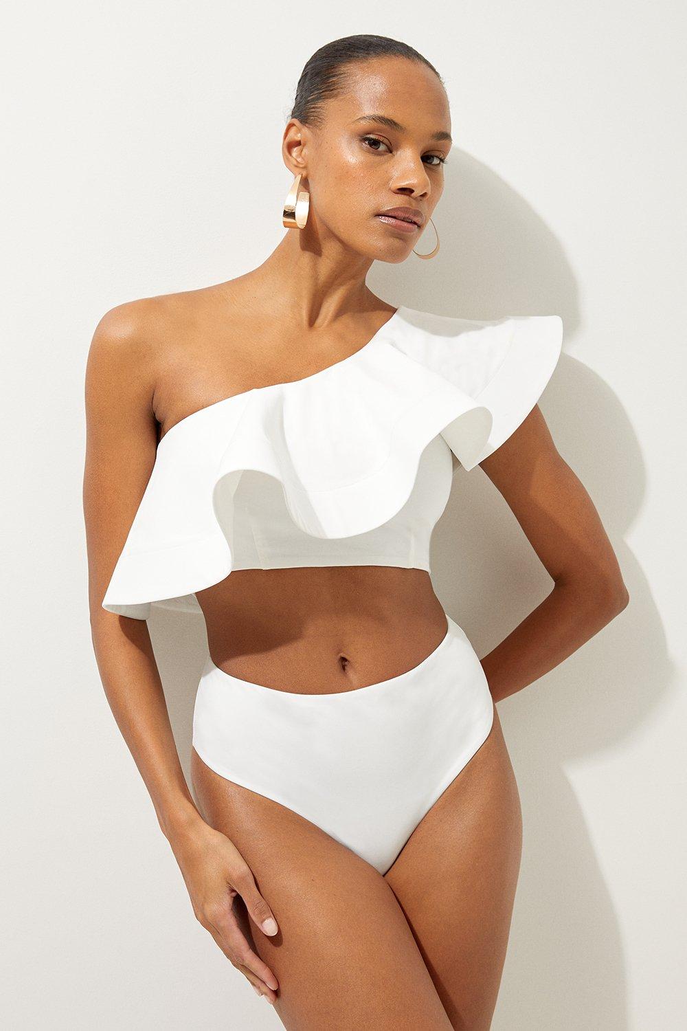 Drama Ruffle One Shoulder Bikini Top - White