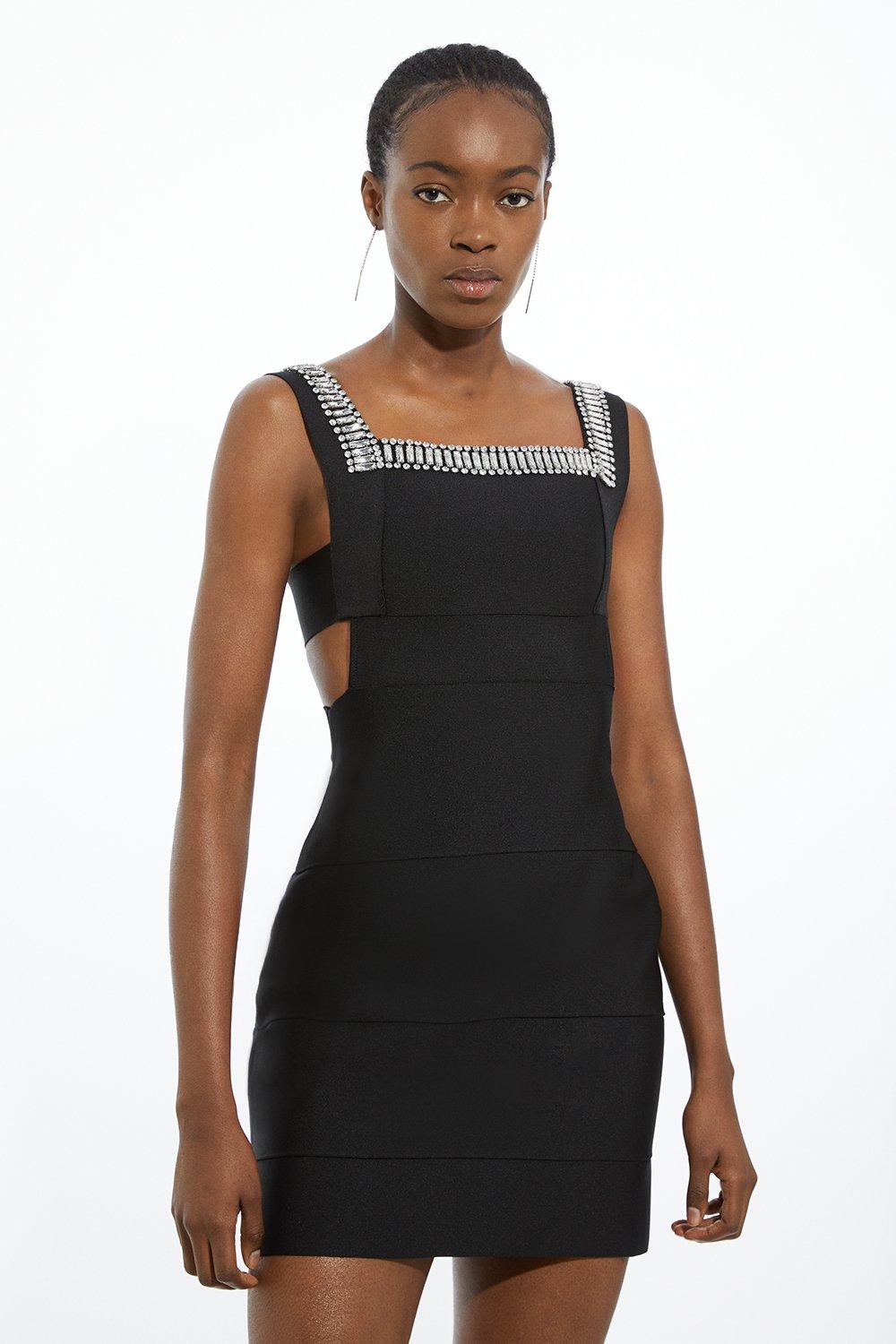 Bandage Figure Form Knit Embellished Square Neck Mini Dress - Black