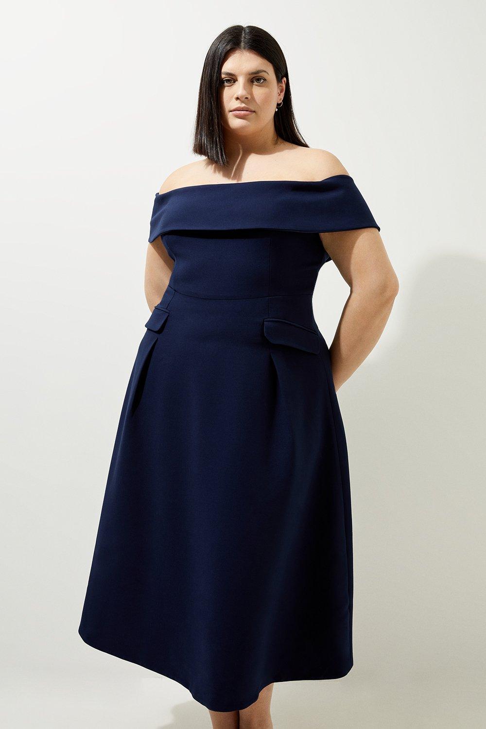 Lydia Millen Plus Size Compact Stretch Bardot Full Skirt Tailored Midaxi Dress - Navy