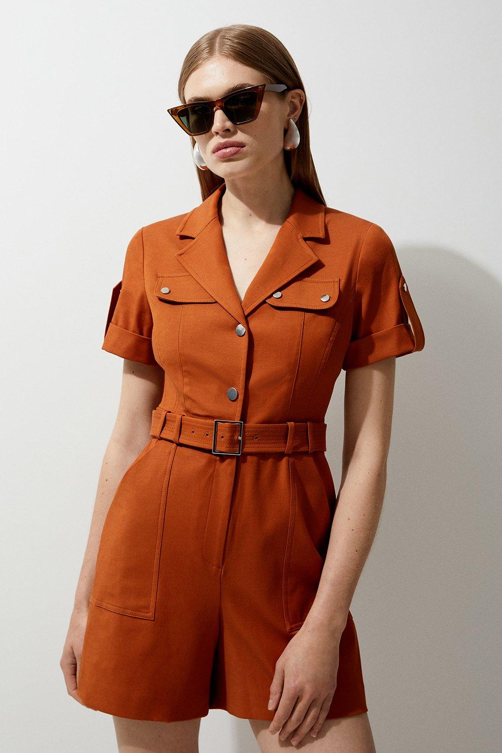Tailored Cotton Stretch Belted Playsuit – Orange