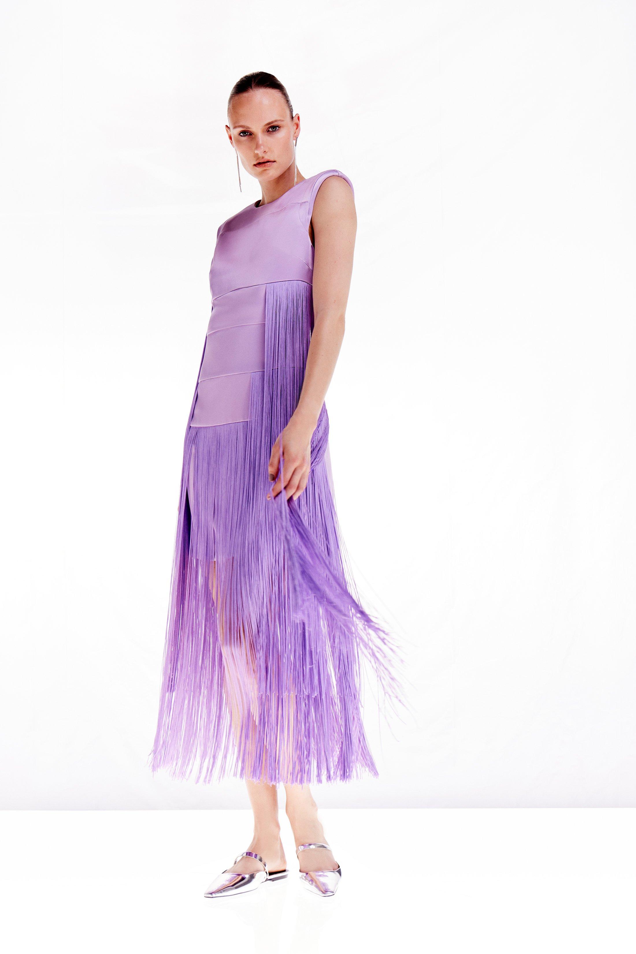 Petite Ooto Heavy Satin Fringed Woven Sleeveless Mini Dress - Lilac