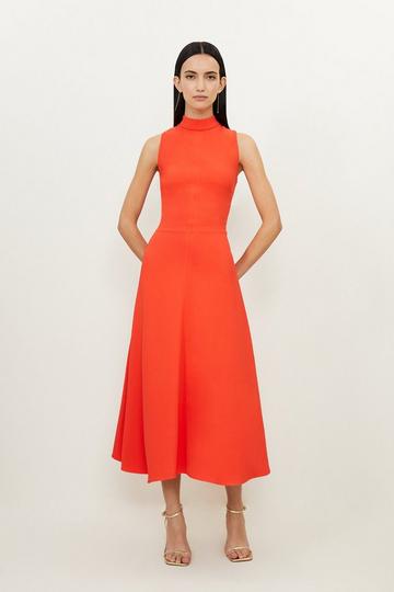Tailored Structured Crepe Turtleneck Belted Midi Dress