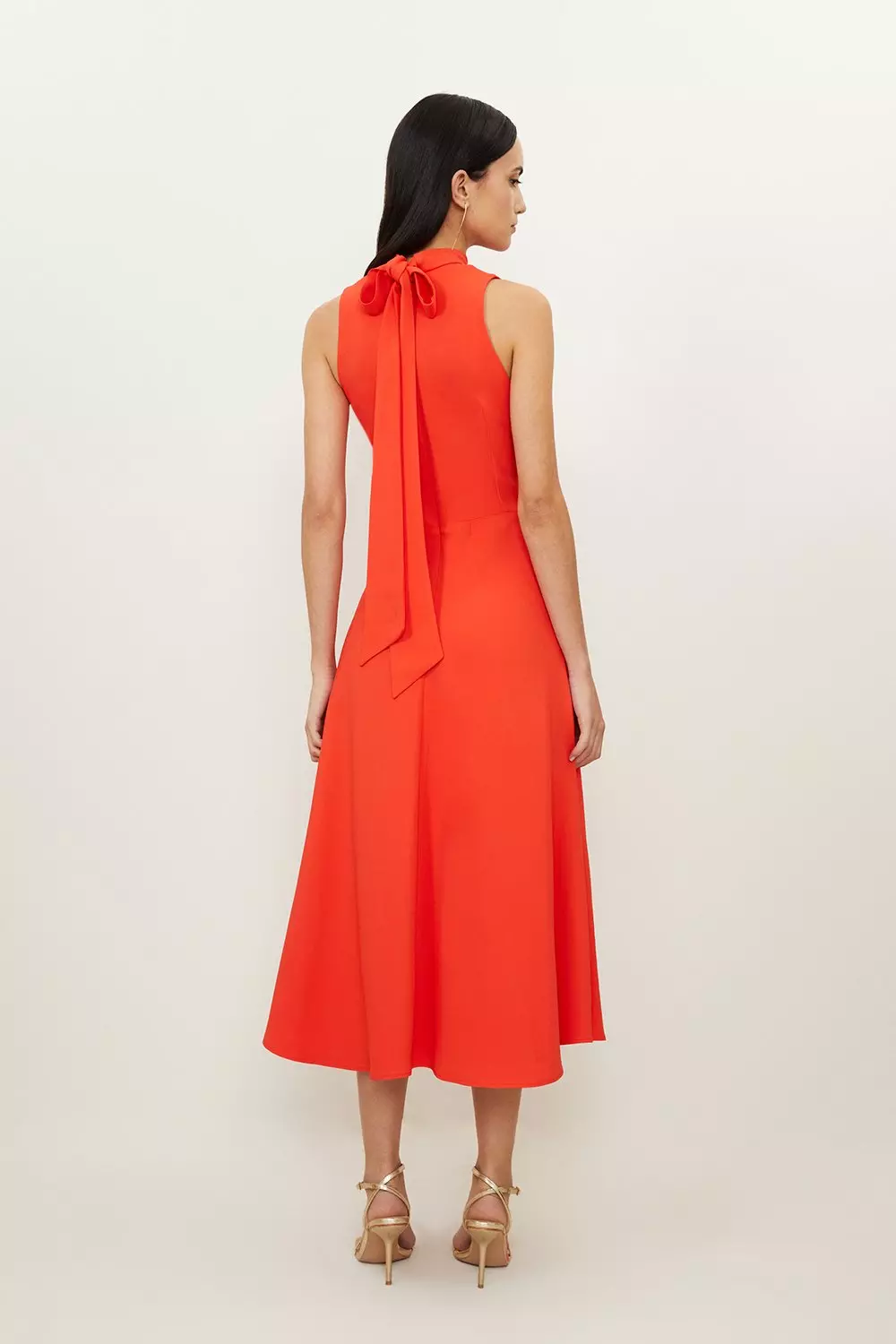 Compact Stretch Viscose Tailored High Neck Tie Detail Midi Dress