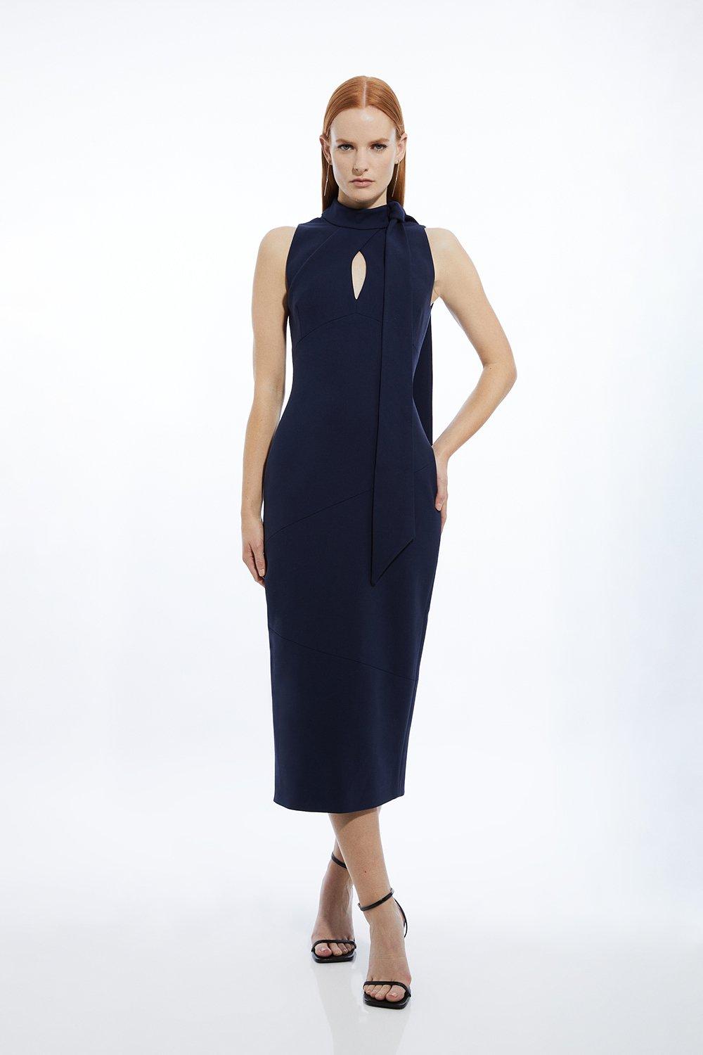 Compact Stretch Neck Tie Tailored Midi Pencil Dress - Navy