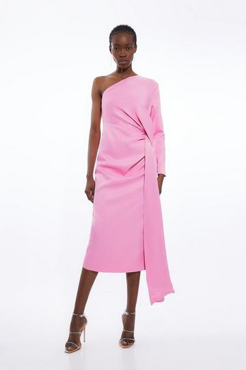 Blush Pink Satin Back Crepe One Shoulder Drape Midi Dress