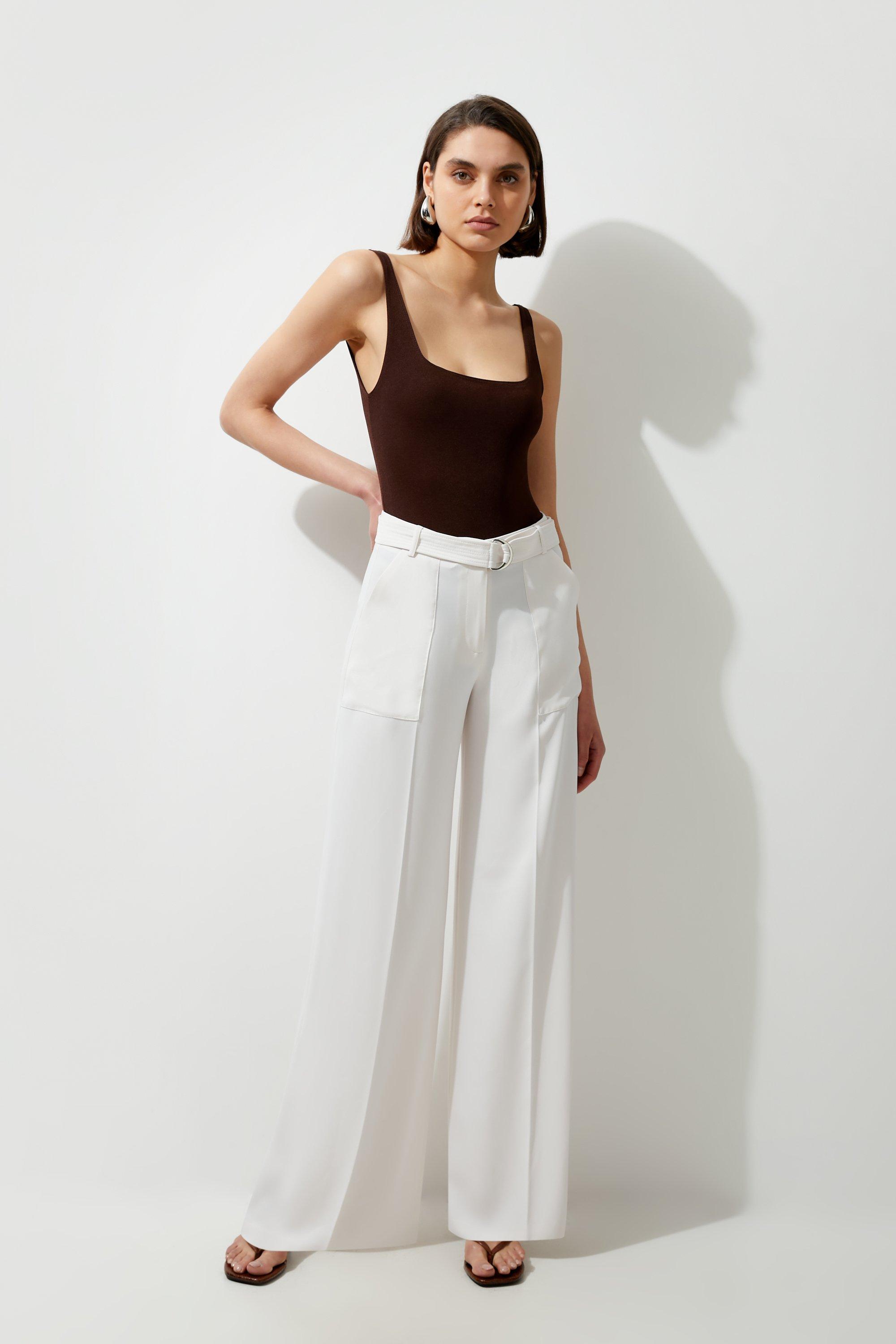 Soft Tailored Belted Wide Leg Trousers - Ivory