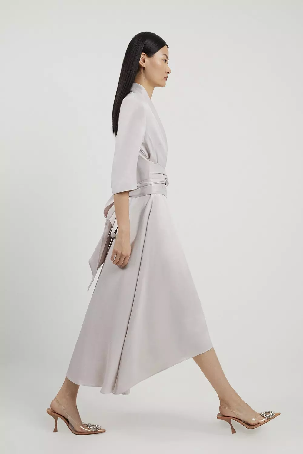 Satin Back Crepe Wrap Tie High Low Midaxi Dress | Karen Millen