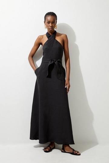 Black Fluid Tailored Halterneck Belted Maxi Dress