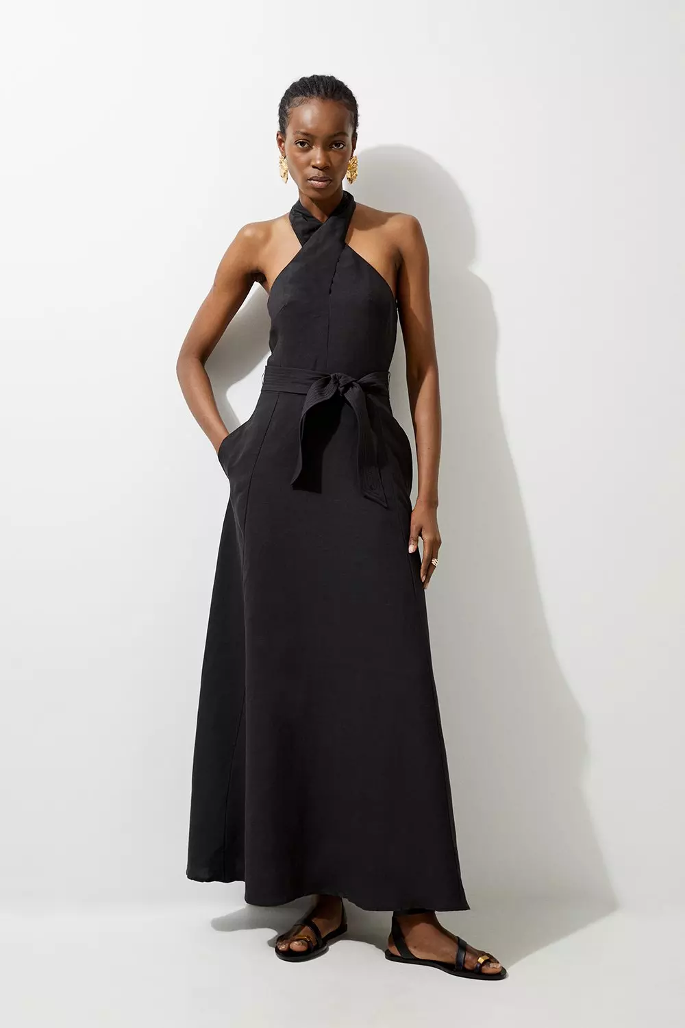 Fluid Tailored Halterneck Belted Maxi Dress Karen Millen