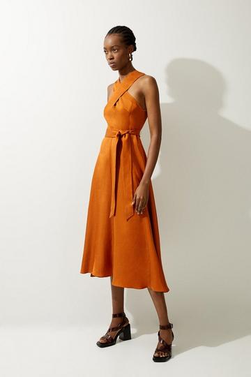 Linen Tailored Halterneck Full Skirted Midi Dress tan