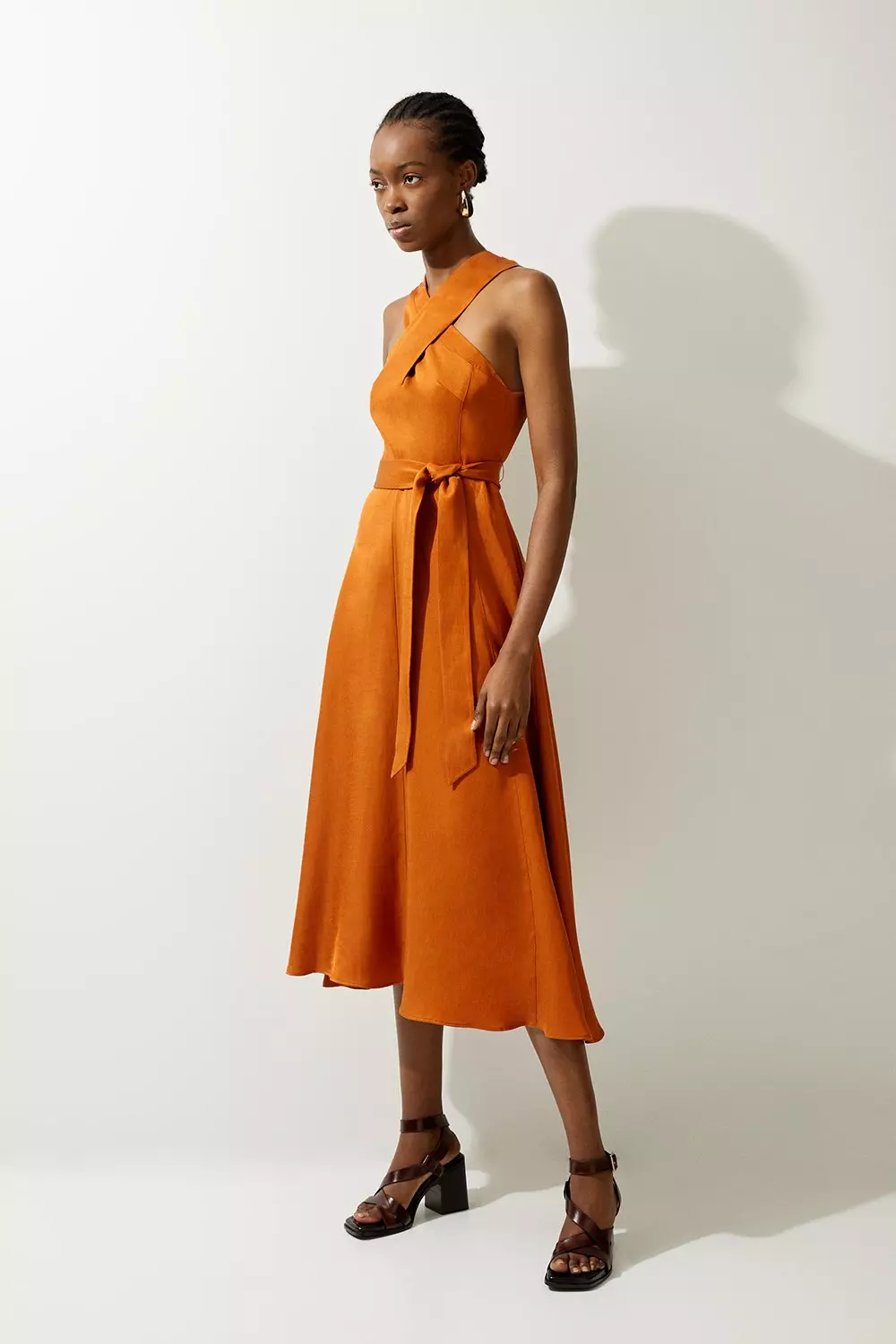 Premium Linen Tailored Halterneck Full Skirted Midi Dress Karen