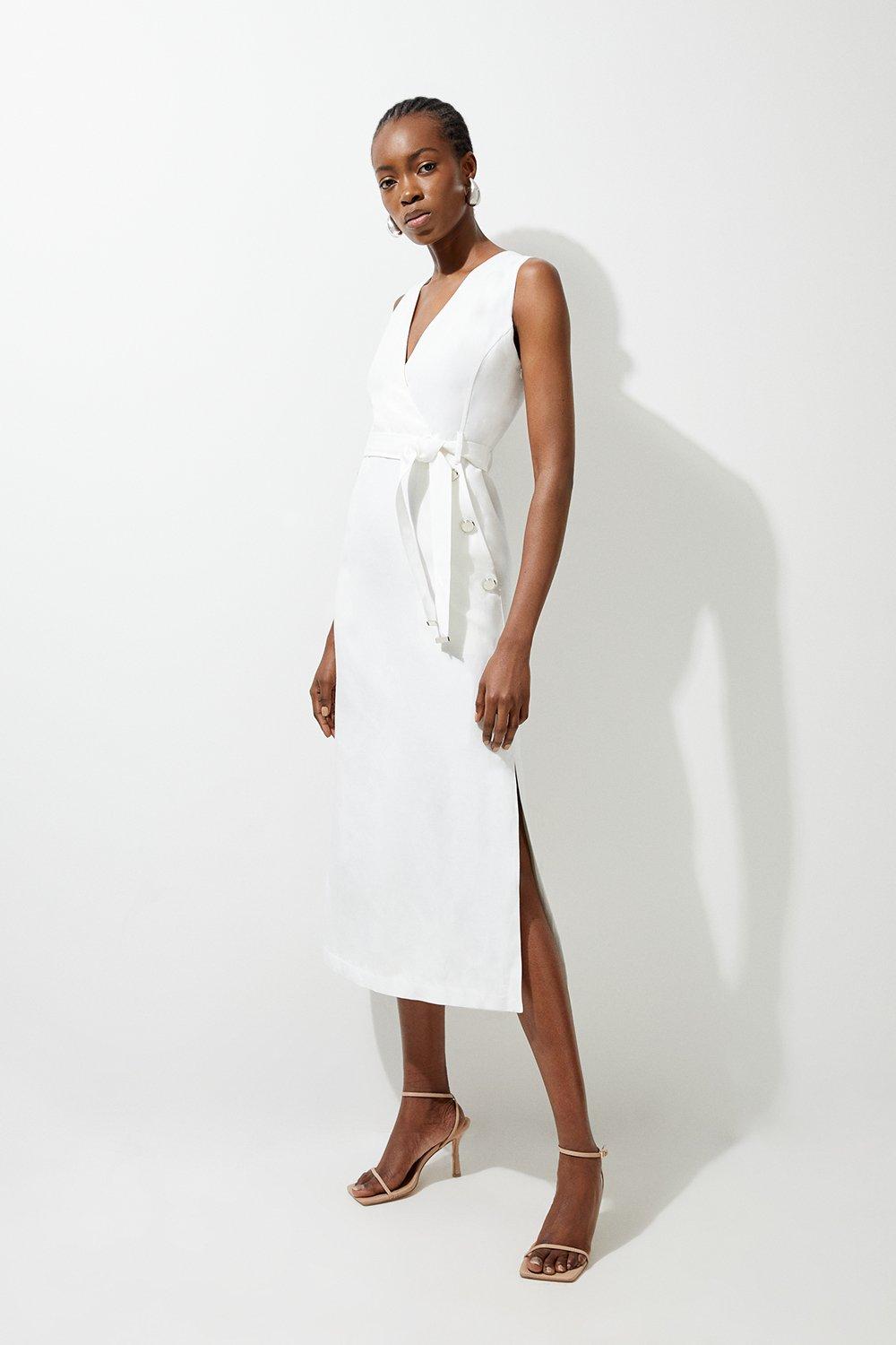 Premium Linen Tailored Button Detail Belted Midi Dress - Ivory