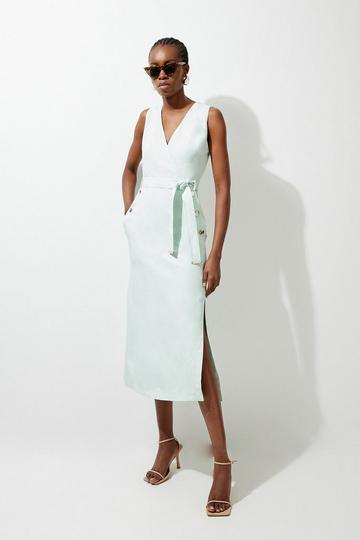Fluid Tailored Button Detail Belted Midi Dress sage