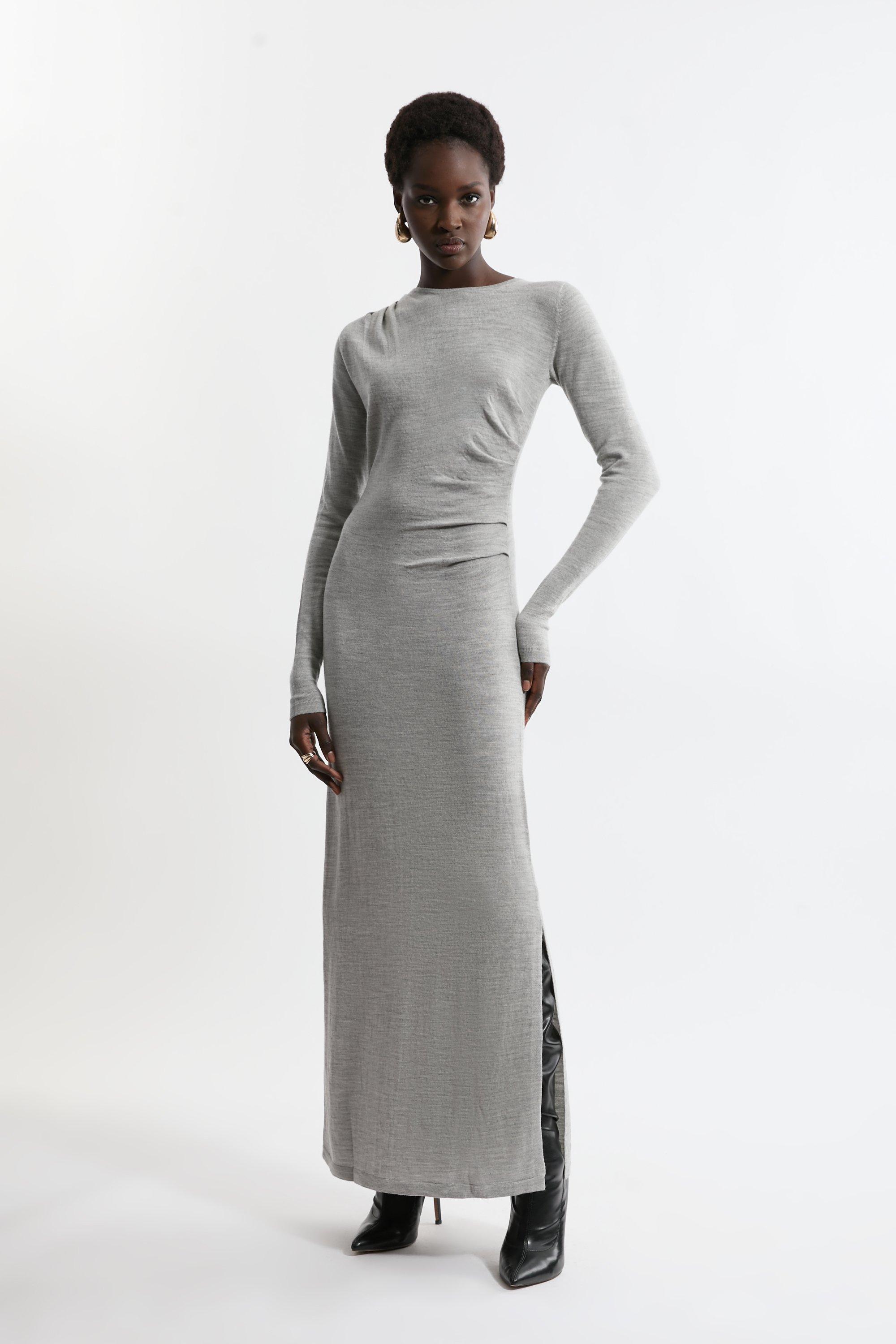 Premium Yarn Collection - Extra Fine Merino Wool Maxi Knit Dress - Grey Marl