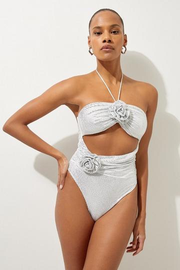 White Premium Embellished Rosette Bandeau Swimsuit