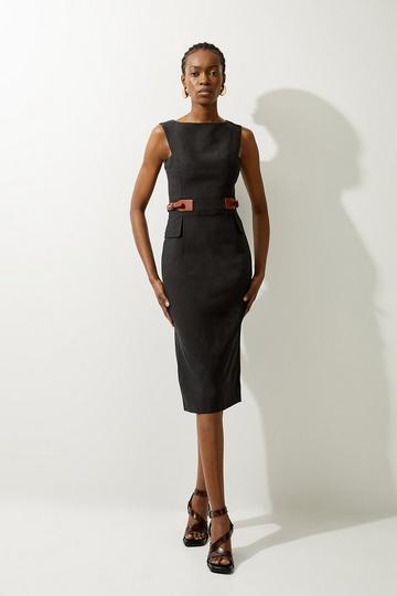 Premium Tailored Linen Tab Waist Pencil Midi Dress black