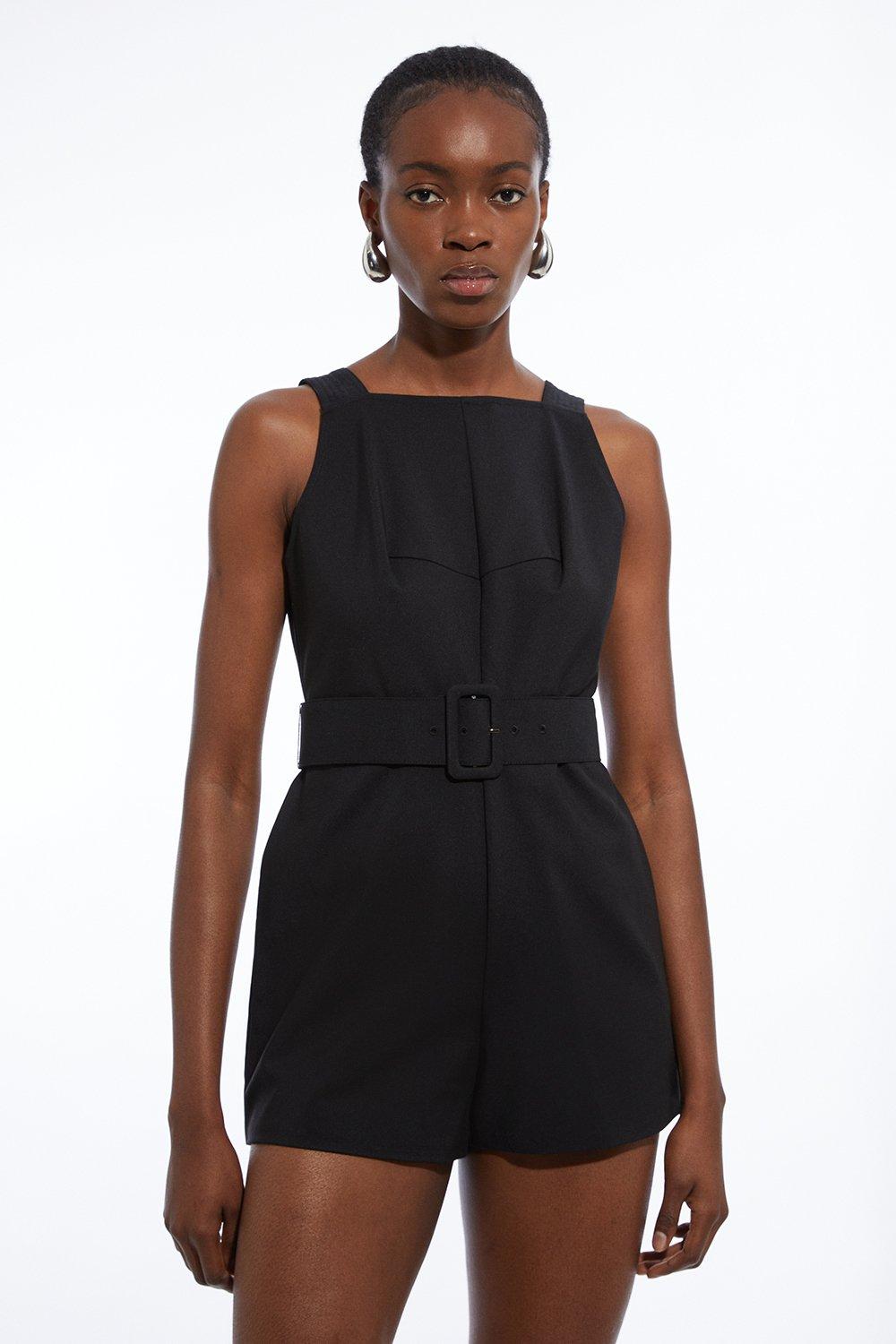 Cotton Sateen Utility Woven Belted Strappy Playsuit - Black