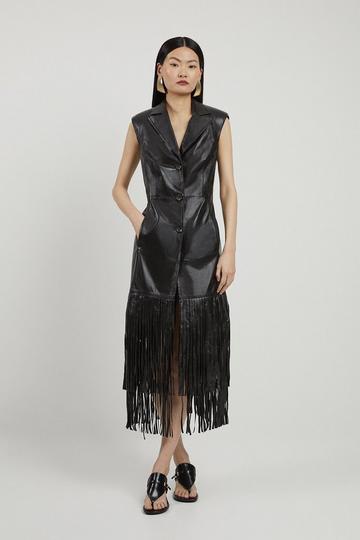 Black Leather Sleeveless Tassle Hem Tailored Blazer Maxi Dress