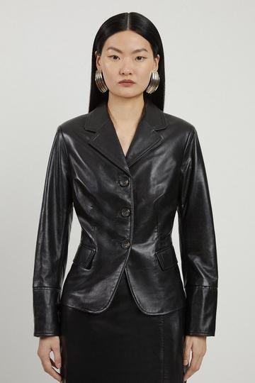 Leather Single Breasted Tailored Blazer black