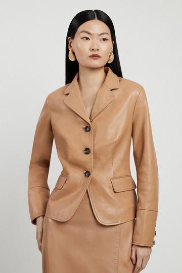 Leather Single Breasted Tailored Blazer tan