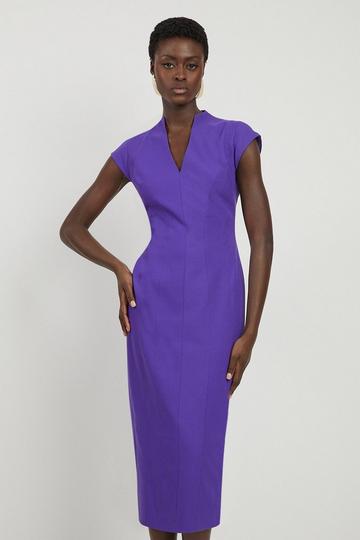 Purple Spot Jacquard Belted Tailored Midi Dress