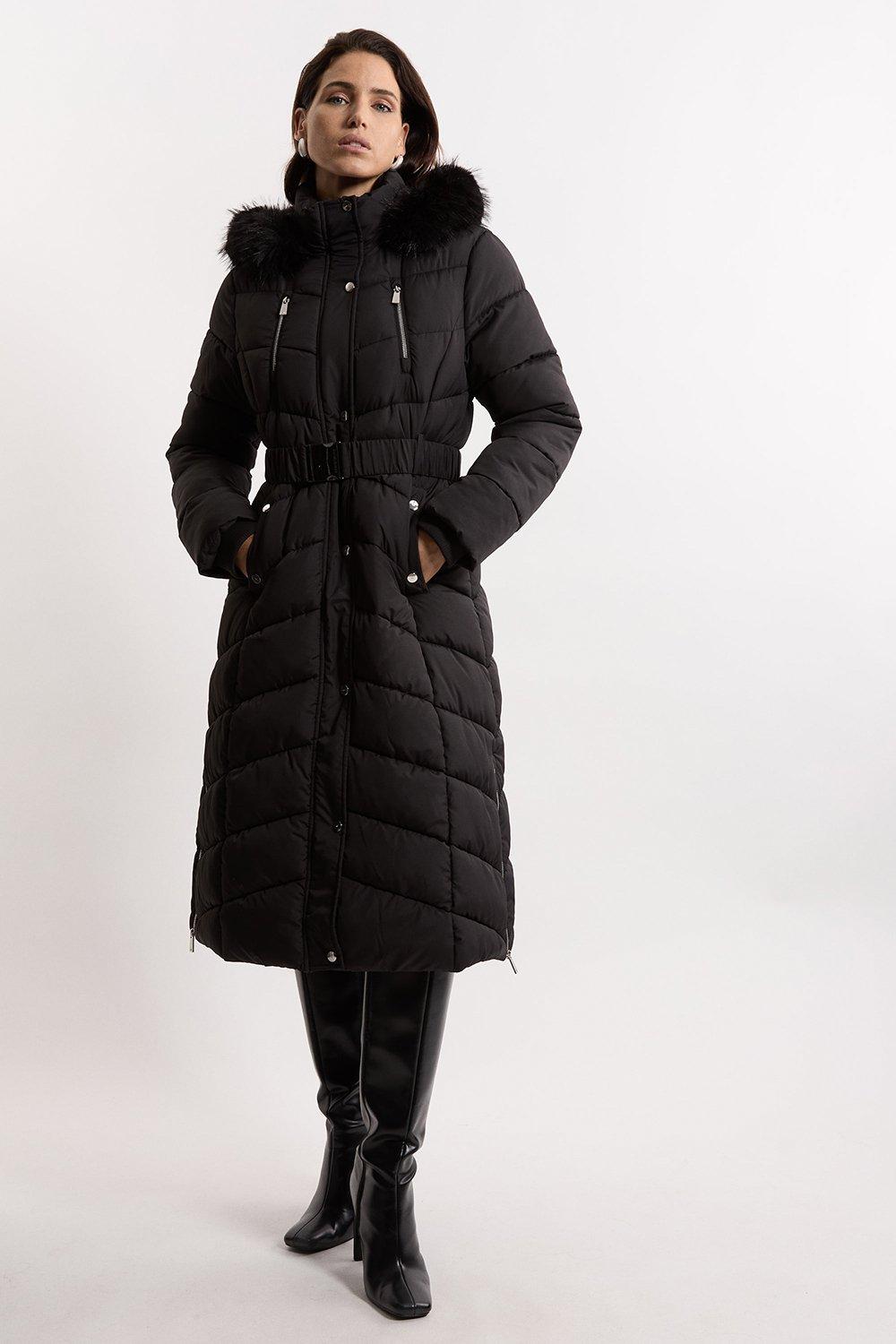 Faux Down Padded Belted Hooded Puffer Coat - Black