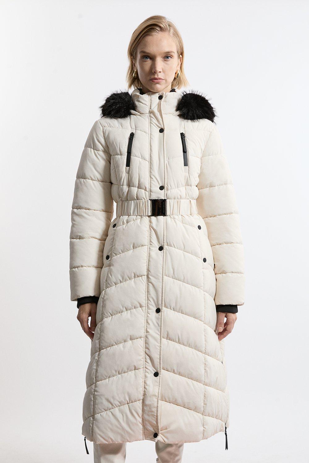 Faux Down Padded Belted Hooded Puffer Coat - Mono