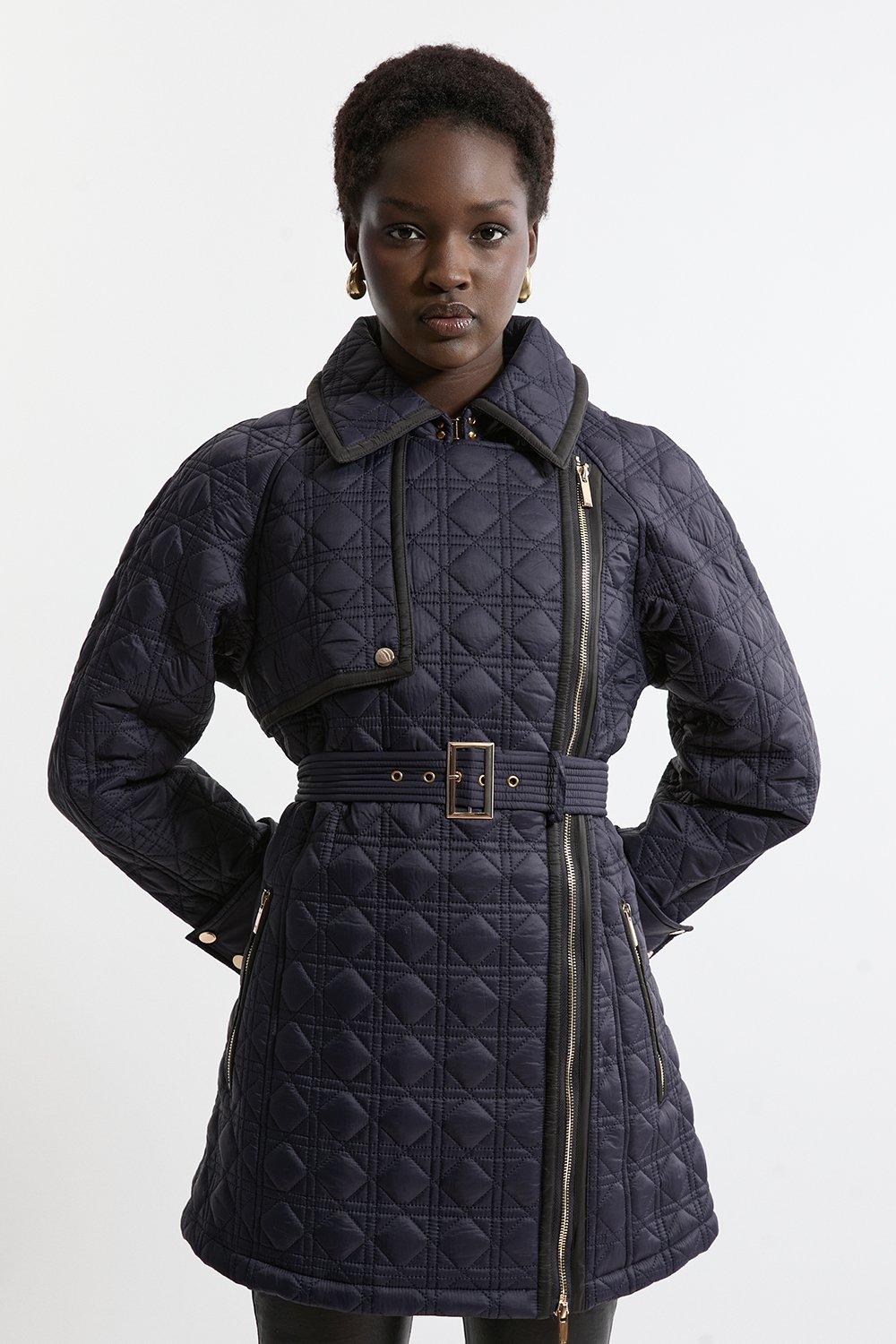 Diamond Quilted Belted Short Puffer Trench Jacket - Navy