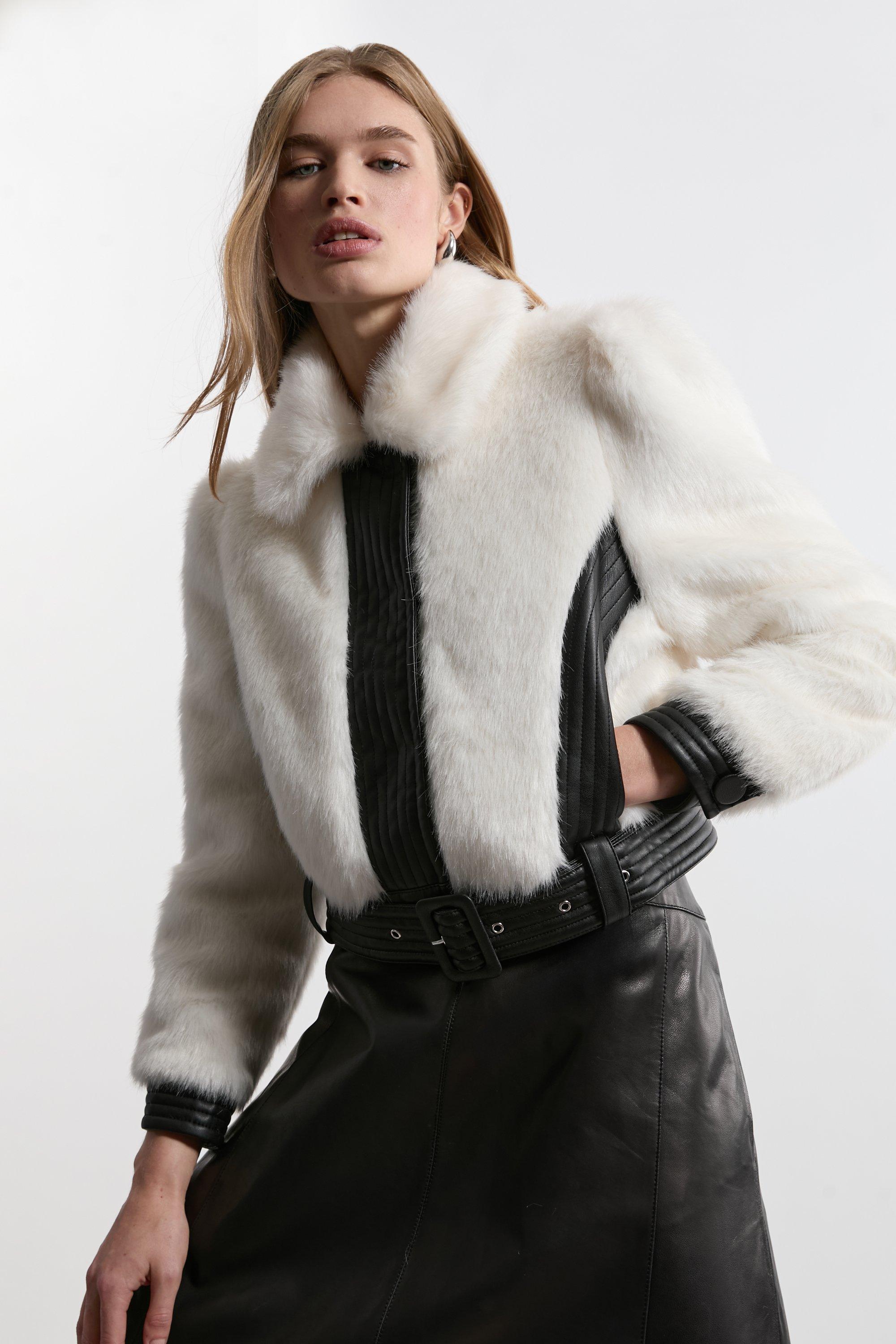 Petite Faux Fur Pu Panelled Belted Cropped Jacket - Ivory