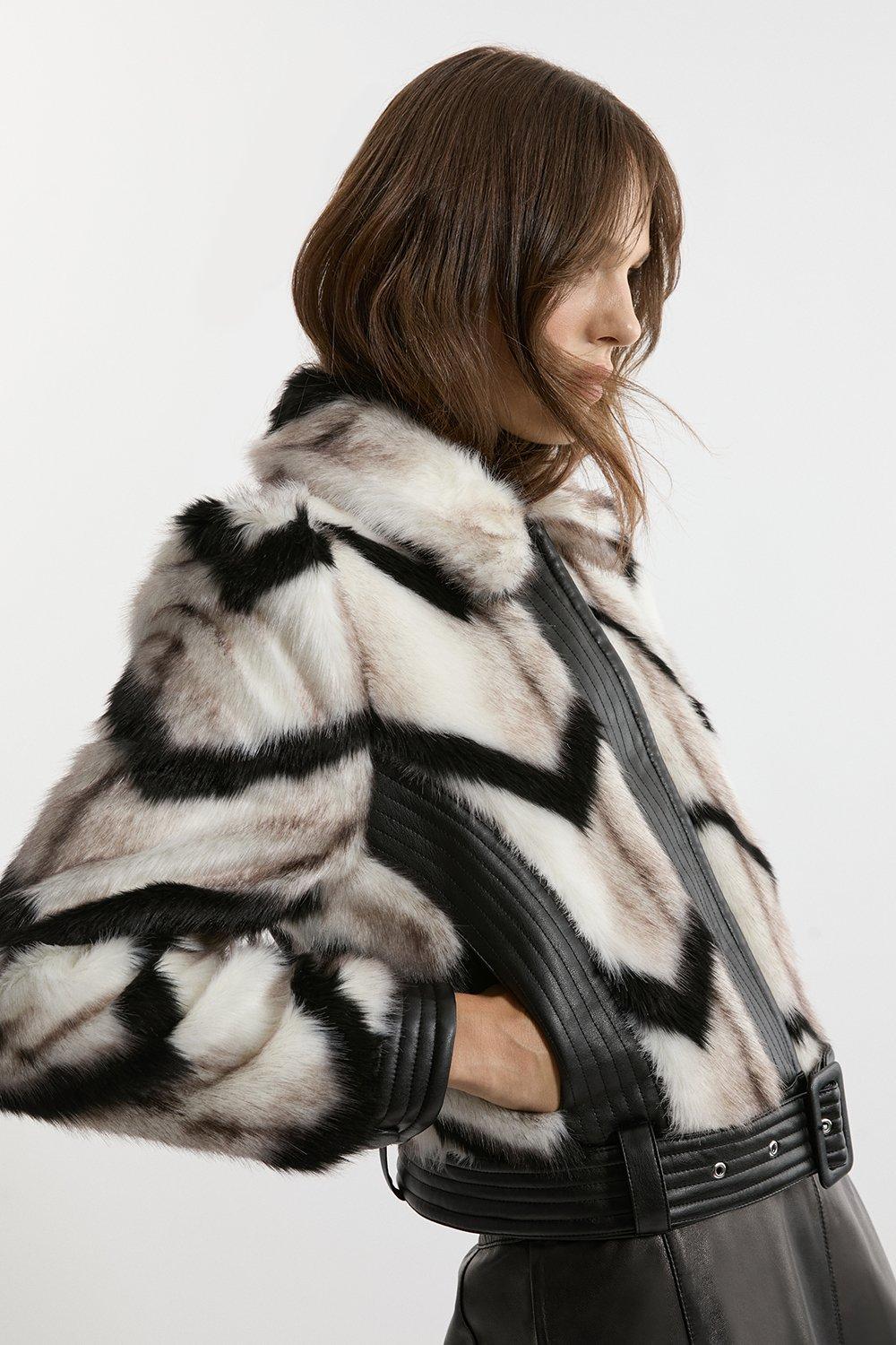 Faux Fur Pu Panelled Stripe Belted Cropped Jacket - Mono