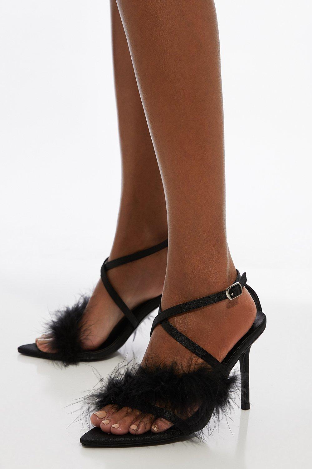 Feather Strap Stiletto Heel - Black