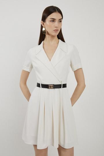 Ivory White Soft Tailored Belted Mini Shirt Dress