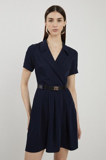 Navy Soft Tailored Belted Mini Shirt Dress