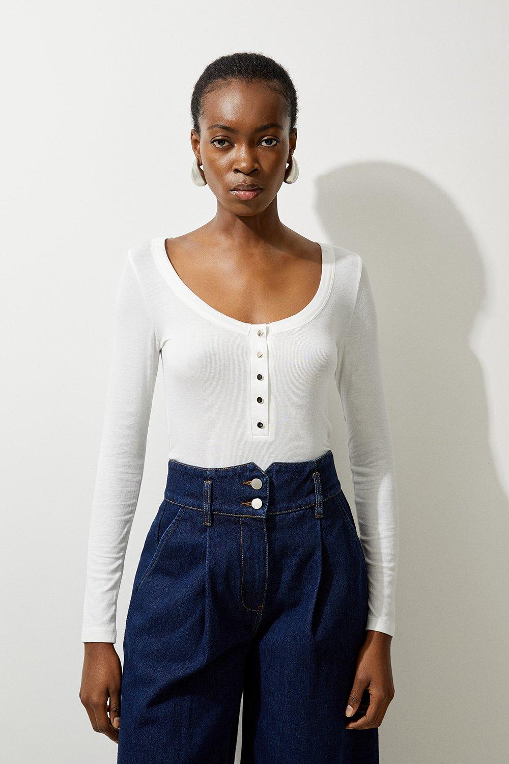 Lux Viscose Rib Jersey Long Sleeve Scoop Neck Top - Ivory