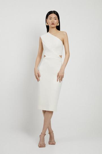 Italian Structured Stretch One Shoulder Cut Out Waist Midi Dress ivory