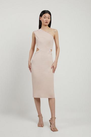 Italian Structured Stretch One Shoulder Cut Out Waist Midi Dress rose