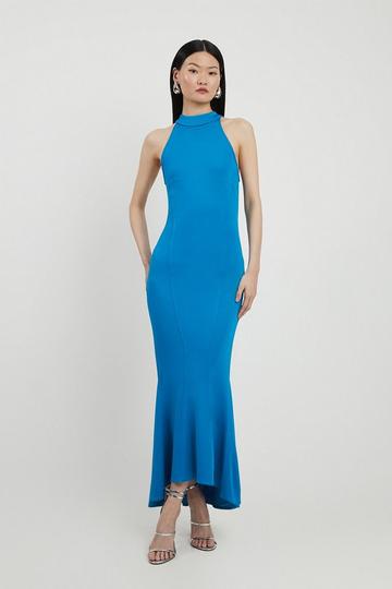 Blue Italian Structured Stretch Waterfall Hem High Neck Midi Dress