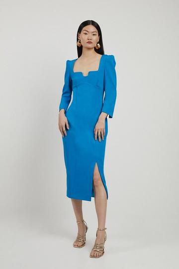 Italian Structured Stretch Sweetheart Neck Split Front Midaxi Dress blue